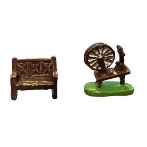 Vintage 98IRS China Lead Figure Park Bench & Spinning Wheel .75" Hand Painted